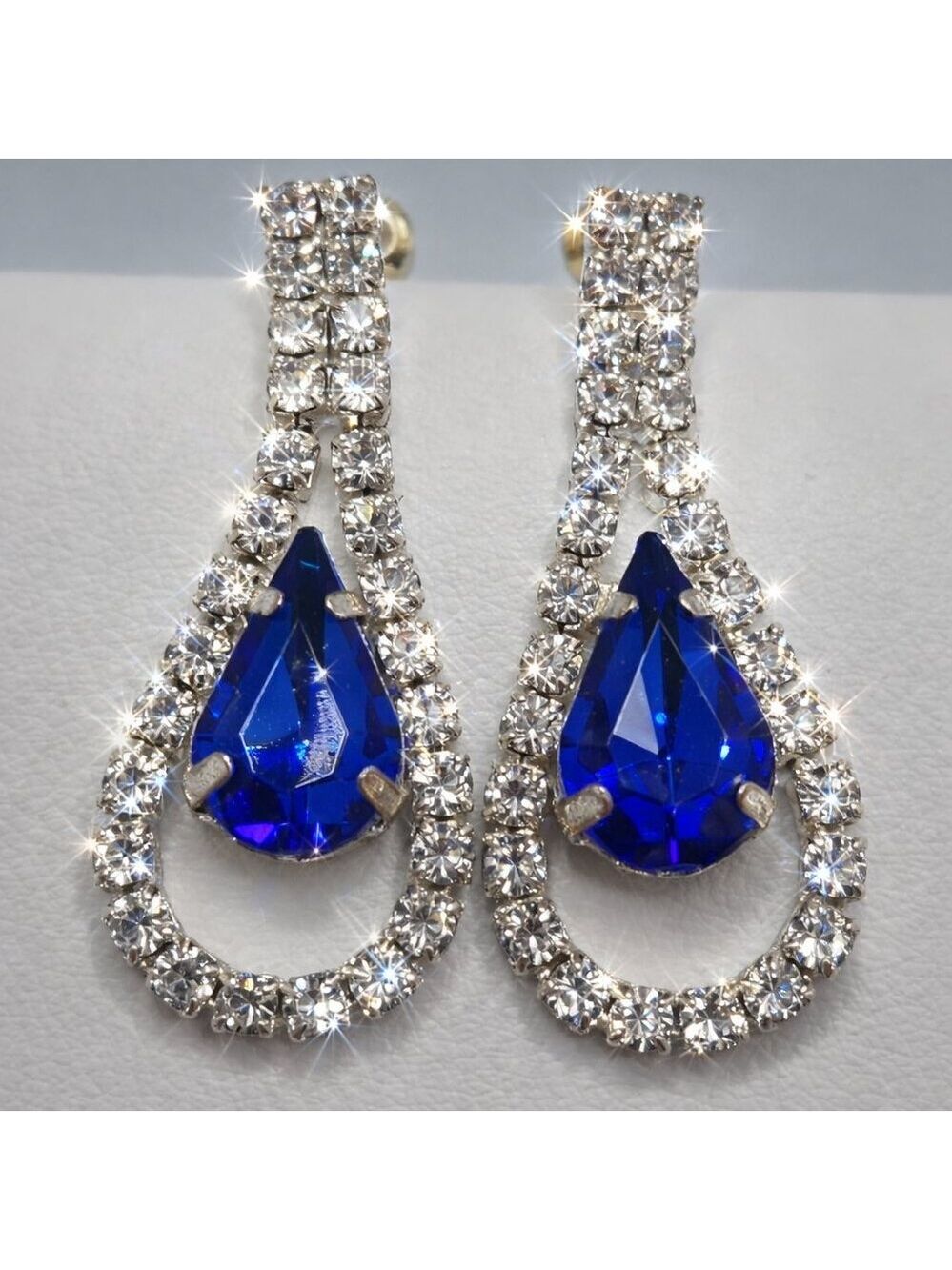 Sapphire Blue & Clear Crystal Teardrop Dangle Earrings Wedding Bride Sparkly